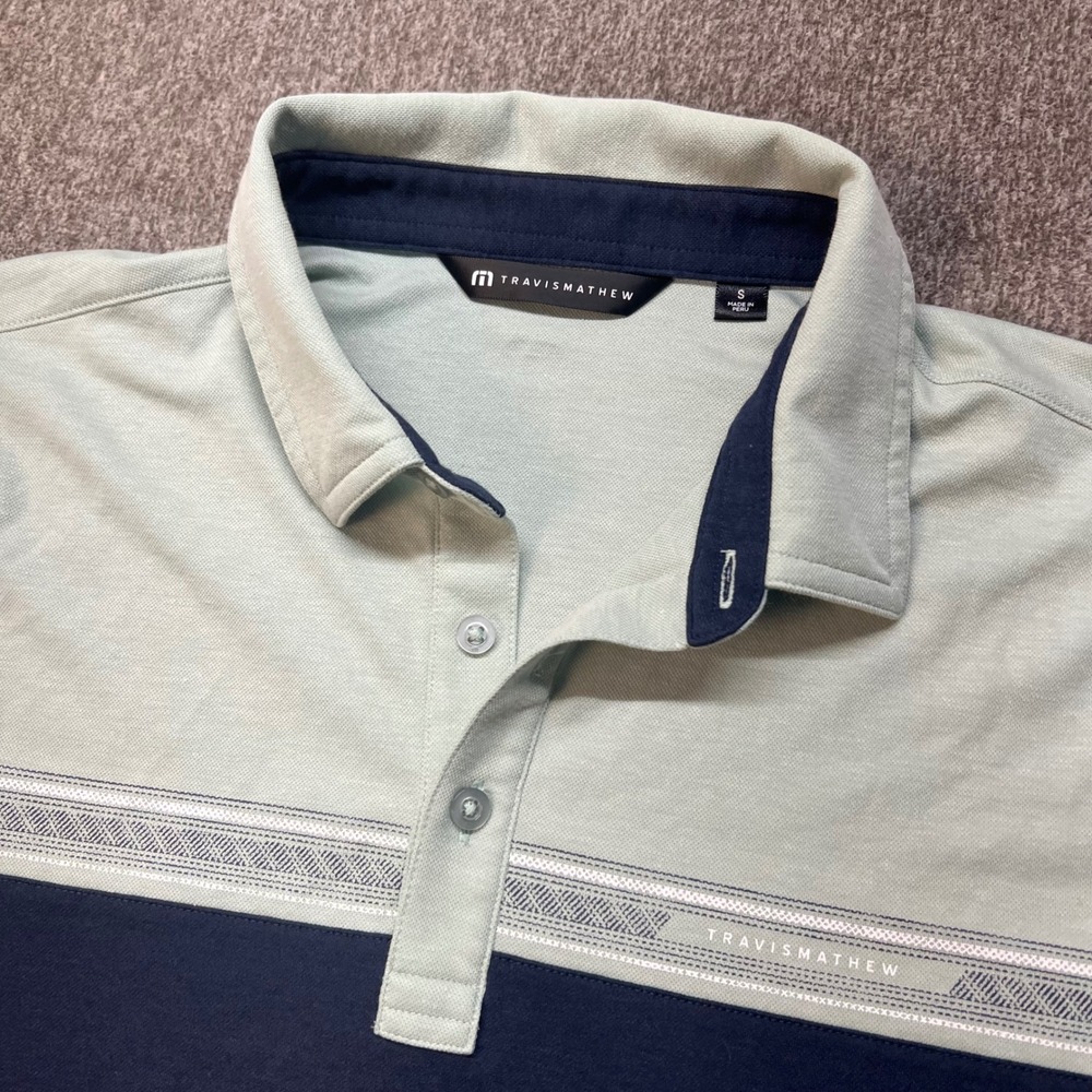 TravisMathew Mens Colorblock Polo Shirt Navy Green Geometric Chest Stripe Small - Picture 2 of 8
